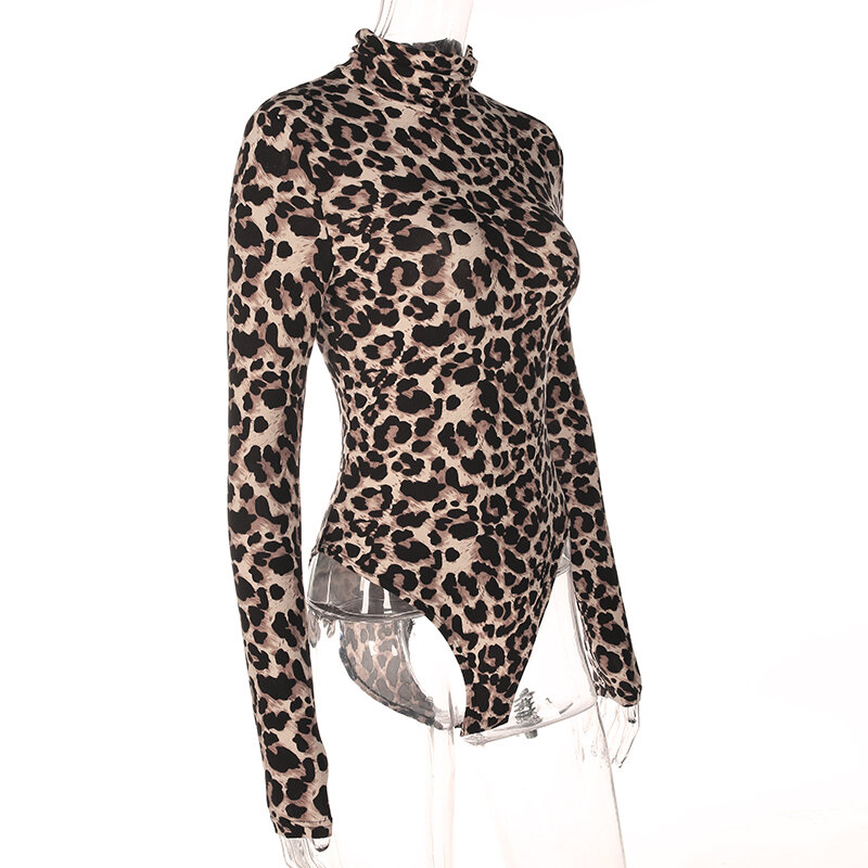 Weekeep-بذلة نسائية قصيرة مثيرة بطبعة جلد الفهد ، ملابس ضيقة بياقة مدورة ، أكمام طويلة ، بذلة قصيرة ، قطعة واحدة