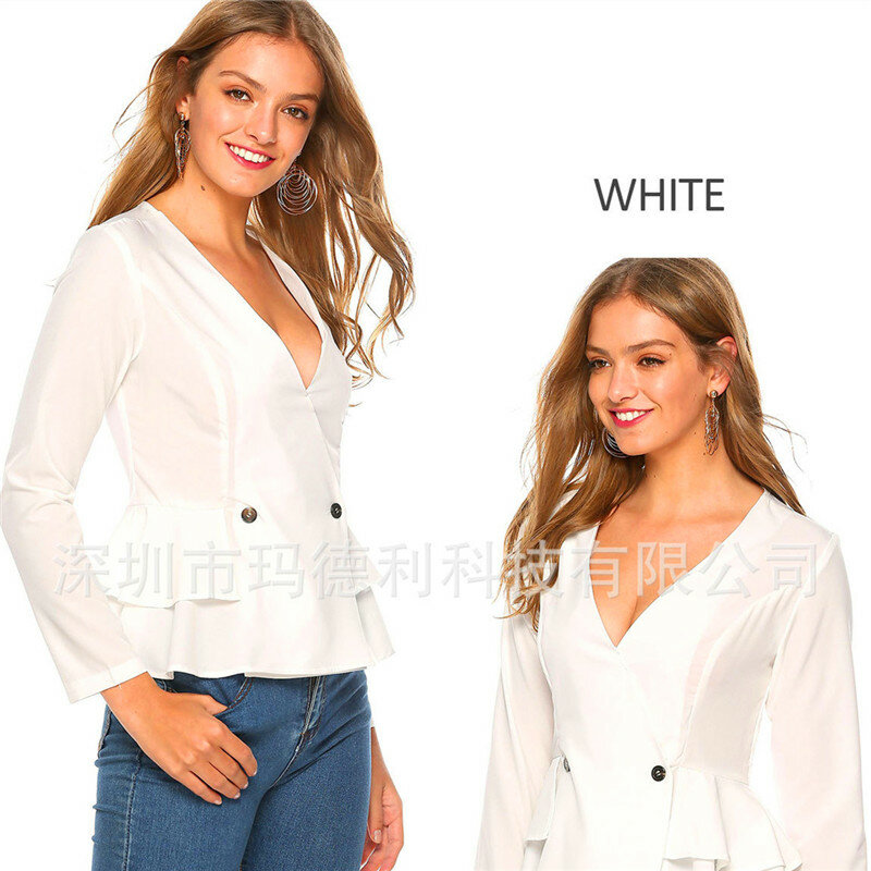Женская блузка с оборками, повседневные белые женские рубашки с v-образным вырезом, портативные милые блузки, 2019