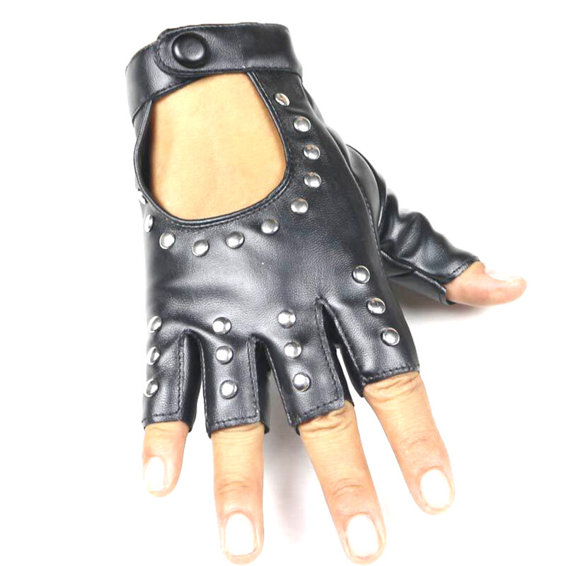 DesolDelos Women Rivets PU Leather Gloves Semi-Finger Mens Rivet Belt PU Gloves Sexy Cutout Fingerless Gloves R007