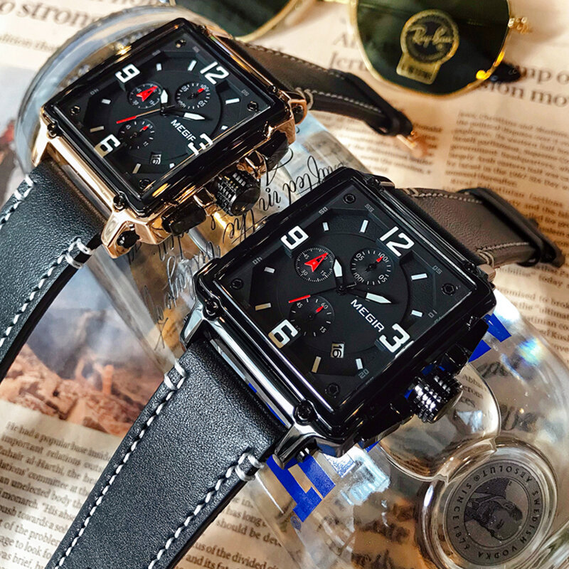 Top Brand Luxury MEGIR Creative Men Watch Chronograph Quartz Watches Clock Men Leather Sport Army Military Wrist Watch Saat 2020