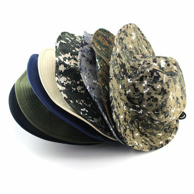 Men Women Sports Boonie Washed Cotton Twill Chin Cord Military Camouflage Hunting Hat Travel Sun Cap Bucket Style Fisherman Hats
