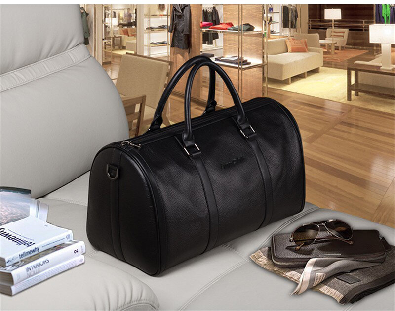 Bolso de viaje de piel auténtica para hombre, bolsa de equipaje de cuero real, bolso de mano grande para fin de semana, color negro, 2016