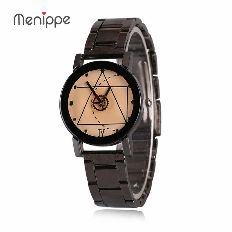Men Fashion Black Stainless Steel Strap Classic Gear Geometry Dial Design Quartz Wrist Watch Men Gift