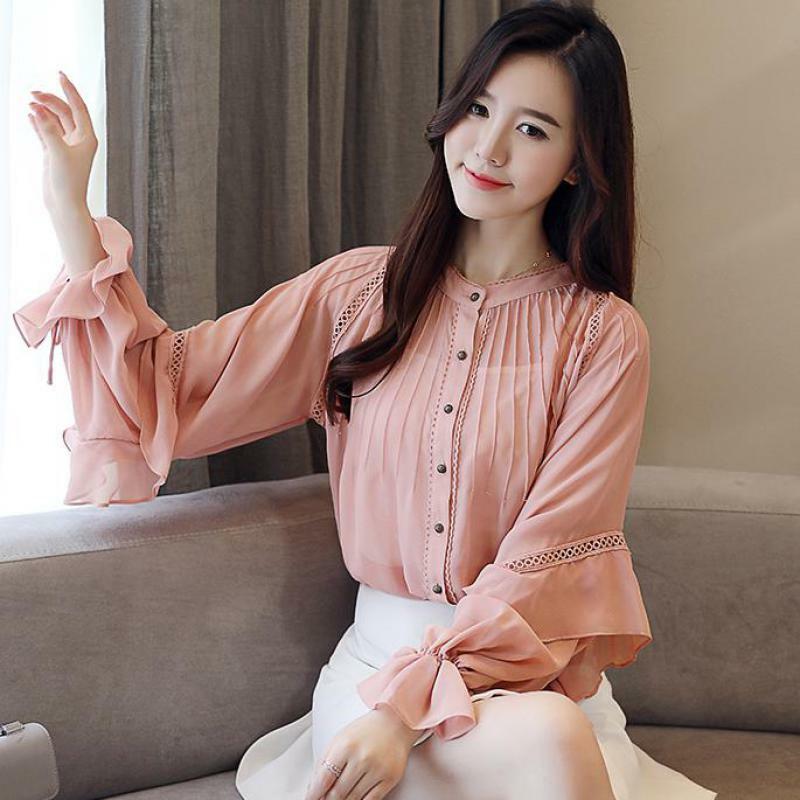 Wiosna jesień słodkie panie kobiety koronki Patchwork wzburzyć latarnia z długim rękawem szyfonowa bluzka, koreański styl kobieta sweter bluzki