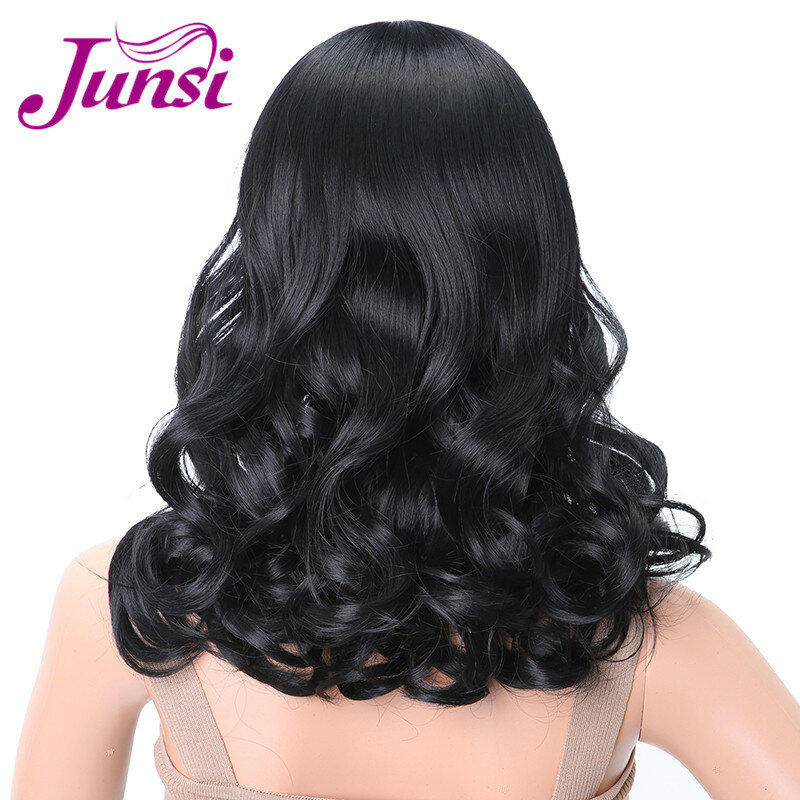 JUNSI-شعر مستعار صناعي مموج متوسط 12 بوصة ، شعر أسود طبيعي للنساء