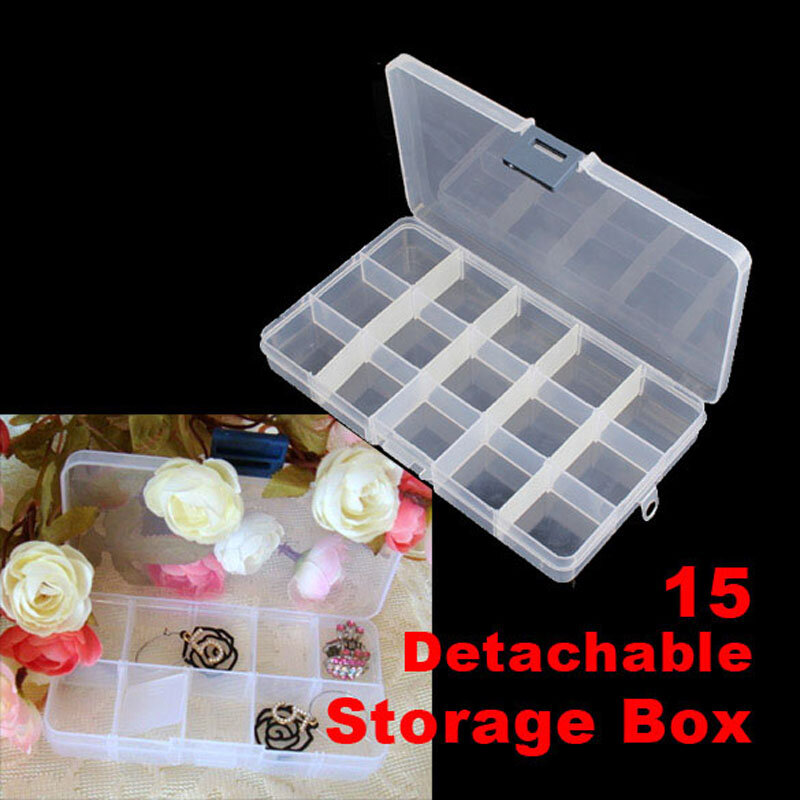 Grids Detachable Plastic Storage Box 15 Compartment Rhinestone Nail Art Tool Case Bead Rings Jewelry Display Organizer