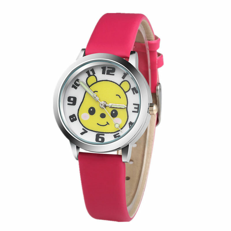 少年少女カジュアルかわいい黄色漫画のクマの子クォーツ時計シンプルな革デザインキッズ学生腕時計レロジオ