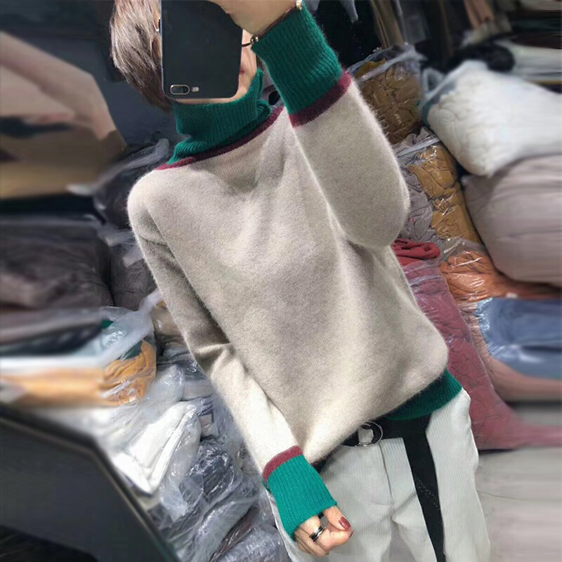Hzyrmy 가을 새로운 여성 캐시미어 스웨터 패션 높은 칼라 색상 일치하는 품질 풀 오버 겨울 따뜻한 야생 여성 스웨터