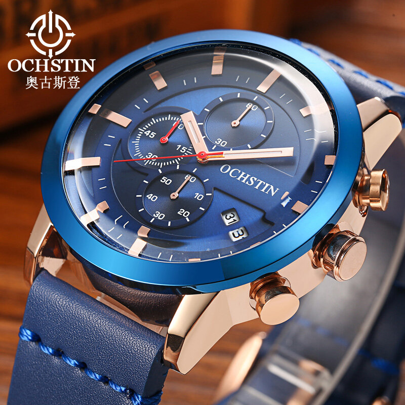 Esportes relógios masculinos marca de luxo moda 2018 à prova dwaterproof água cronógrafo quartzo relógio de pulso masculino couro azul relógio relogio masculino