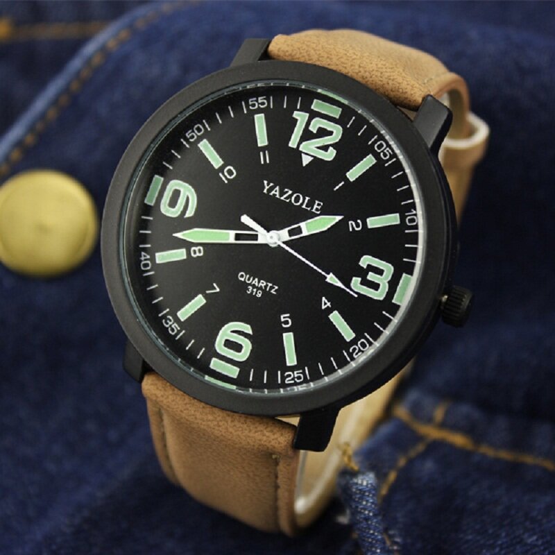 Yazole relógio masculino com pulseira de couro, casual, pulseira de couro, luminoso, eletrônico, esportivo, visor grande 319