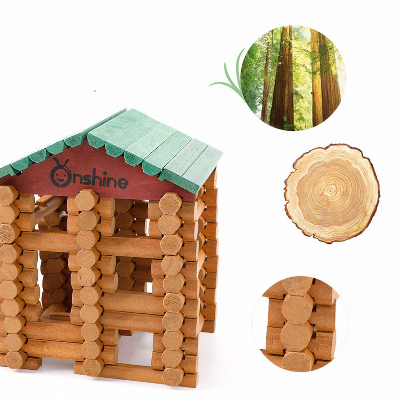Juego de bloques de construcción de cabaña de madera para niños, casa de madera, granja y tienda
