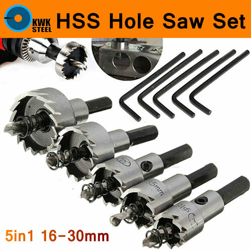Brocas HSS de acero de alta velocidad, juego de 5 piezas, sierra de agujero de carburo de 16-30mm, herramientas de bricolaje, corte de acero