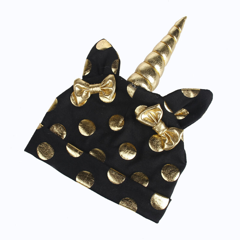 New Knitting Cap Gold Dot Boys Girls Unicorn Hat Bow Tie Knitted Skullies Beanies Hat Children Cute Warm Cap Headwear