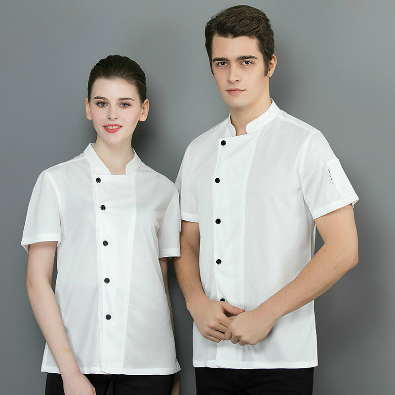 Camisa de chefe de malha respirável, uniforme de chef de cozinha unissex de manga curta, roupa de trabalho para cozinhar sushi