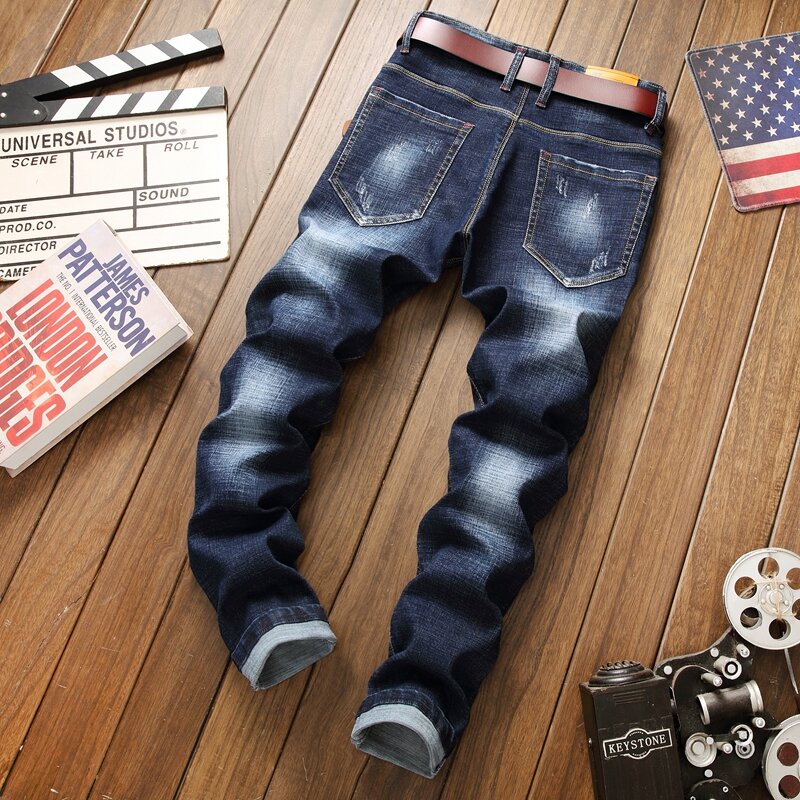 Pantalones vaqueros de marca para hombre, jeans rectos de color azul, moda coreana, informales, 3d, con bordado de dragón, rasgados, talla grande 29-38