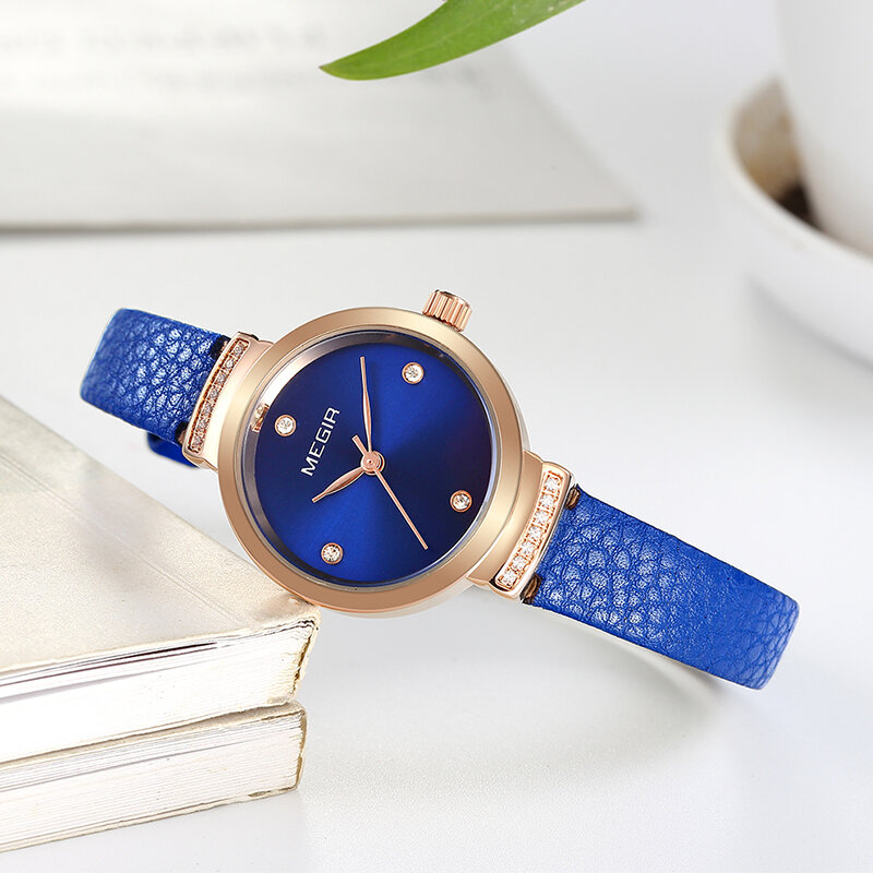 Megir relógio com pulseira de couro feminino, de quartzo azul, fashion, casual, à prova d'água de alta qualidade, presente para esposa 2019