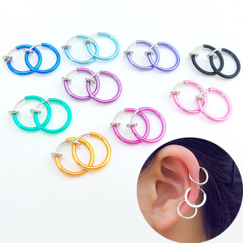 Venda 1 par multicolors pequenos simples círculo brincos para mulheres homens falsos lábios orelha nariz piercing único requintado orelha clipe