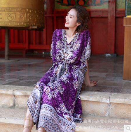 Nova chegada das mulheres moda kaftan étnica rayon maxi vestido vintage túnica boho casual impresso vestido longo com decote em v vestidos k925