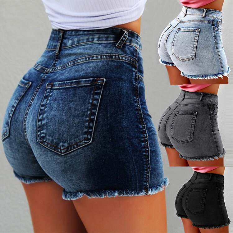 Short en jean déchiré avec pompon pour femme, nouveau modèle, taille haute, moulant, avec trous, été, 2019