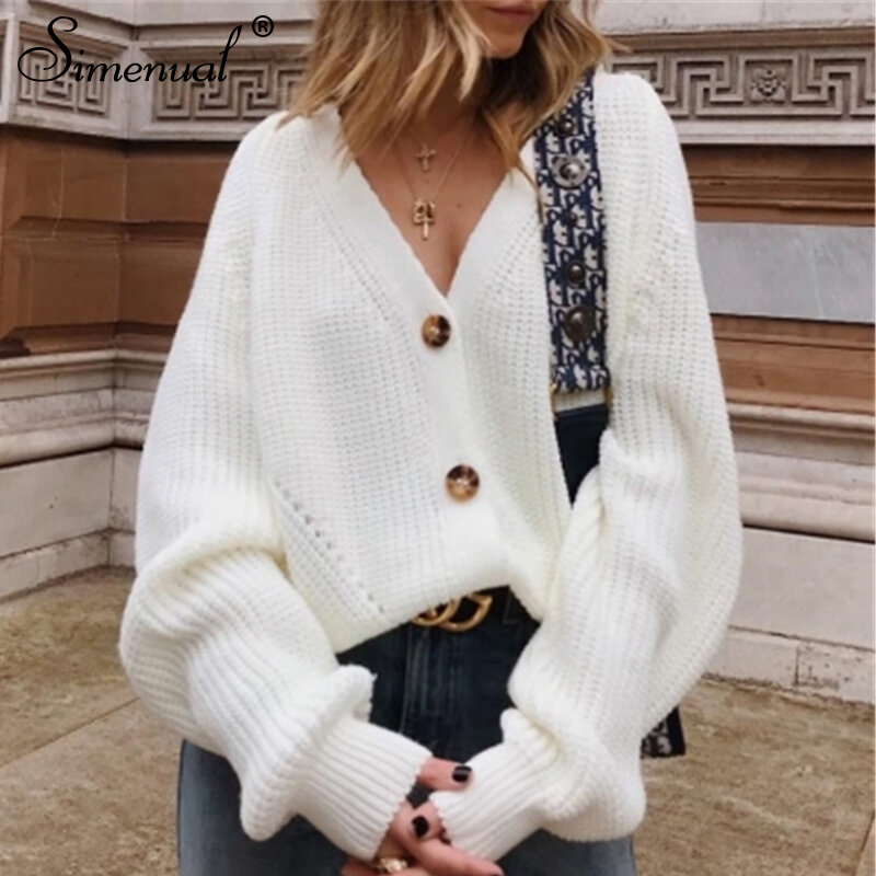 Simenual Casual Fashion kardigany z dzianiny sweter damski jednolity, w stylu Basic jesienne zimowe swetry 2021 długi guzik na rękawie V Neck sweter