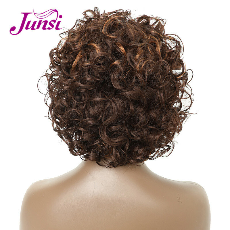 JUNSI-pelo rizado Pixie de corte corto para mujer, pelo sintético de Color marrón mezclado