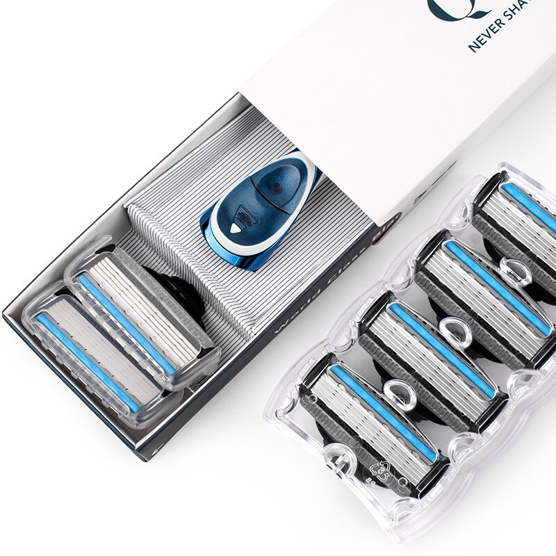 QShave Azul Mens Manual Trimmer Razor Máquina de Afeitar de Afeitar Puede Diseñar Nombre, 1 de la Manija y 6 Cartuchos (1 unid X3 Blade, 5 unids X5 Cuchilla)