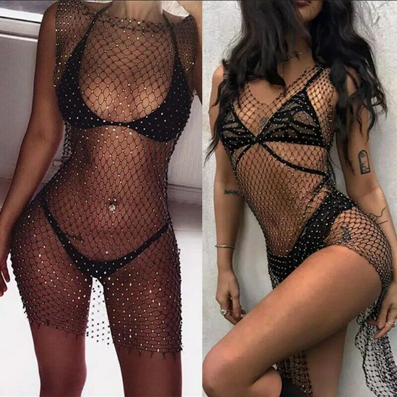 Women Bikini Bling Crystal Cover Up Tops Sexy Fishnet Hollow Out See Through Swimsuit Swimwear Tops Black White