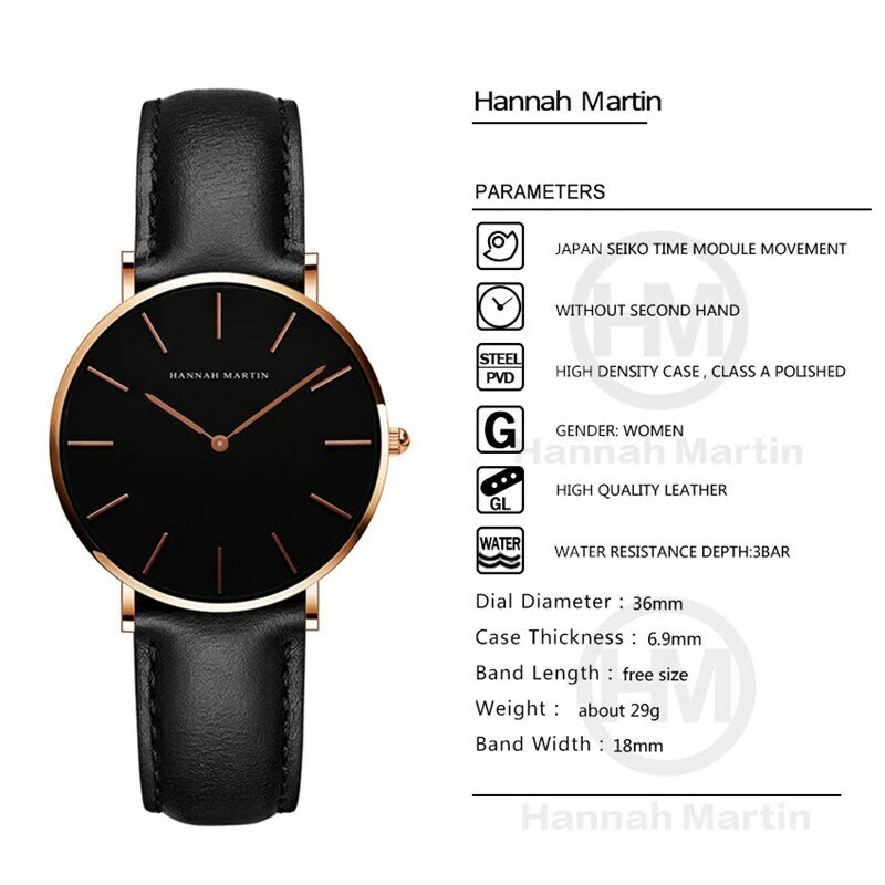 Hannah martin relógio de pulso feminino, casual, de couro, à prova d'água, preto, para mulheres, 2018
