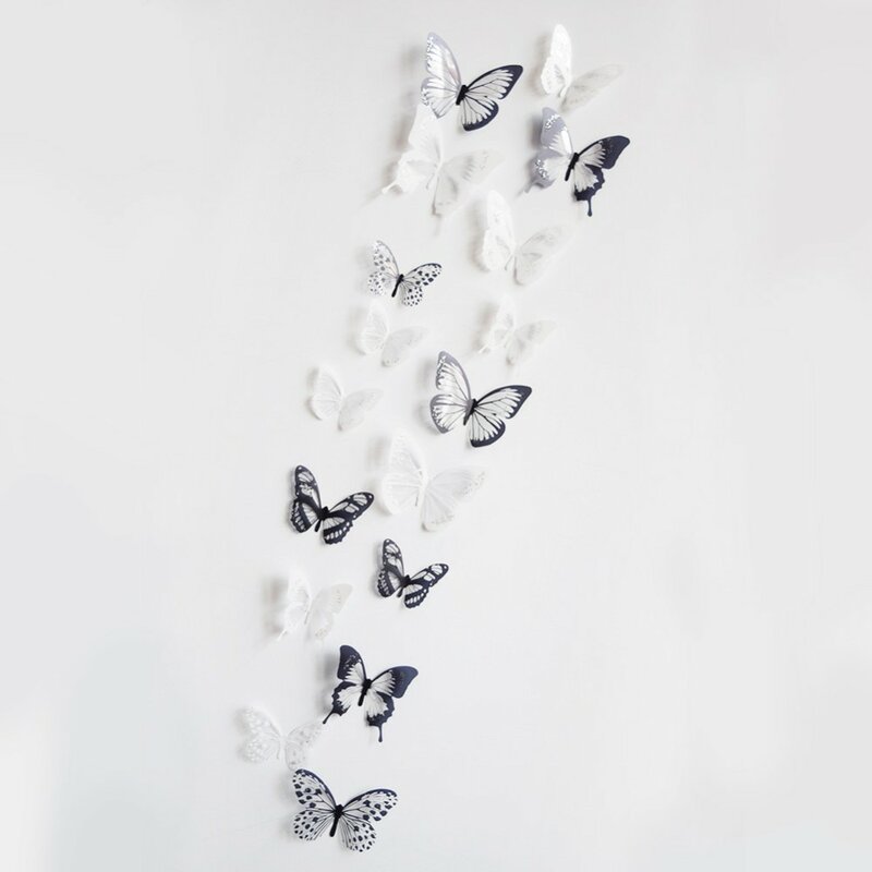 Pegatina de mariposa de cristal negro/blanco, calcomanía artística, decoración del hogar, Mural de pared, pegatinas DIY, regalo de decoración de boda de Navidad, 18 piezas