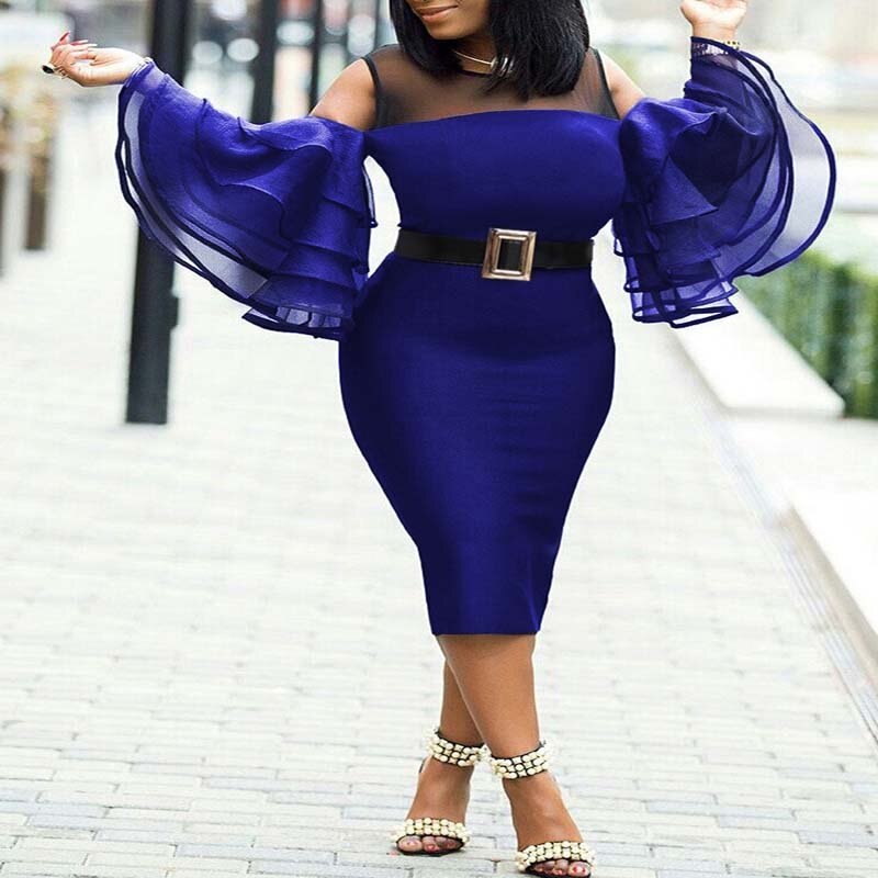 Robe africaine en maille pour femmes, grande taille, manches à volants, Sexy, Slim, Perspective, bureau, robes de fête pour filles
