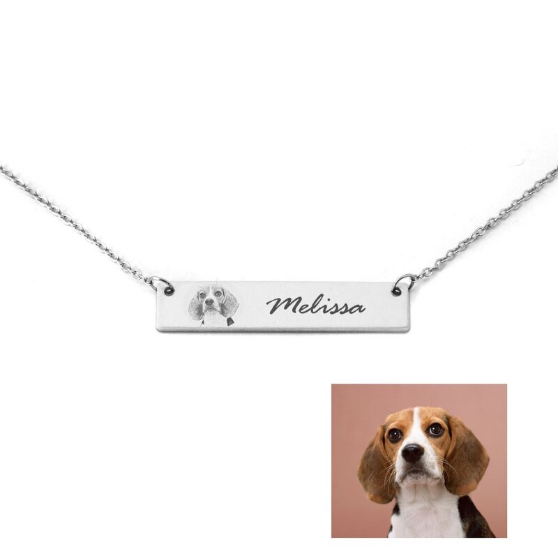 Naszyjnik ze zdjęciem psa, spersonalizowany naszyjnik ze zdjęciem, nazwa łańcuszka, nazwa własna wisiorek pasek urok, początkowa biżuteria Bar, prezent dla niej
