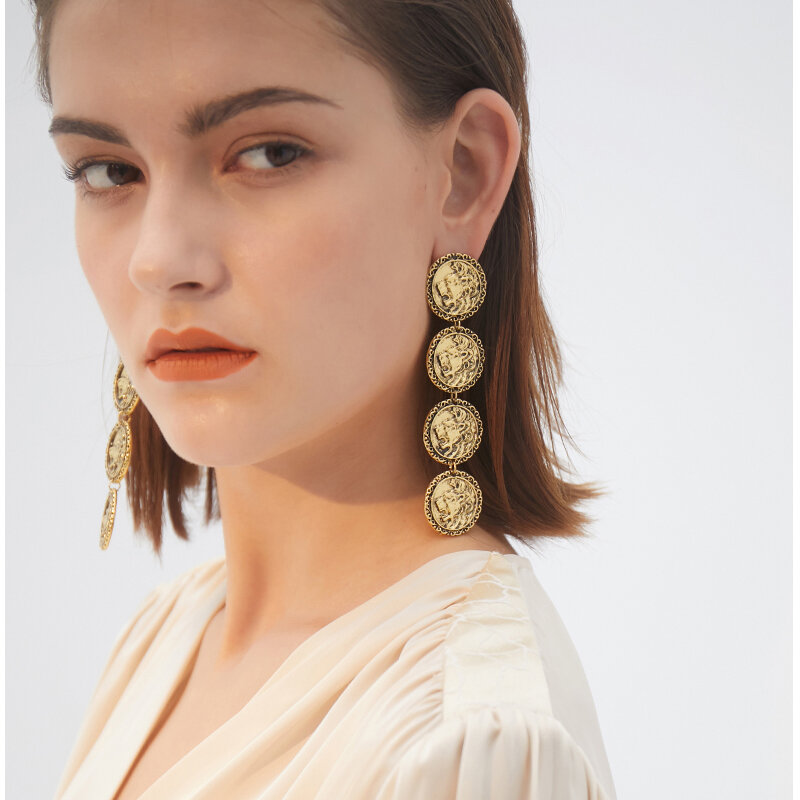 Boucles d'oreilles Vintage en forme de pièce ronde pour filles, bijoux de fête, couleur or, pendentif, pompon, bijoux pour femmes