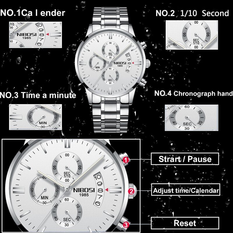 Часы наручные NIBOSI Мужские кварцевые с хронографом, спортивные брендовые Роскошные водонепроницаемые полностью стальные золотистые