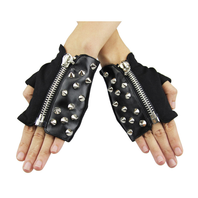Женские перчатки с заклепками, черные перчатки без пальцев, на молнии, кожаные, с короткими рукавами, Осень-зима