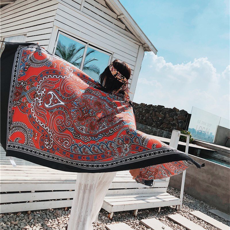 Bohemian Oversize Scarf Women Summer scarf Totem Print Ethnic Style Long Shawl Vintage Wraps Vacation Cotton Shawl 70.8" x 35"