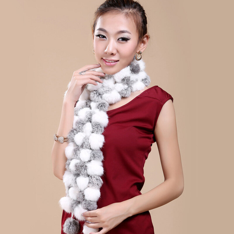 Bufanda de piel auténtica para mujer, bufandas de bolas de conejo Rex Real, moda femenina bonita de Rusia, bufanda de piel cálida de colores 2019