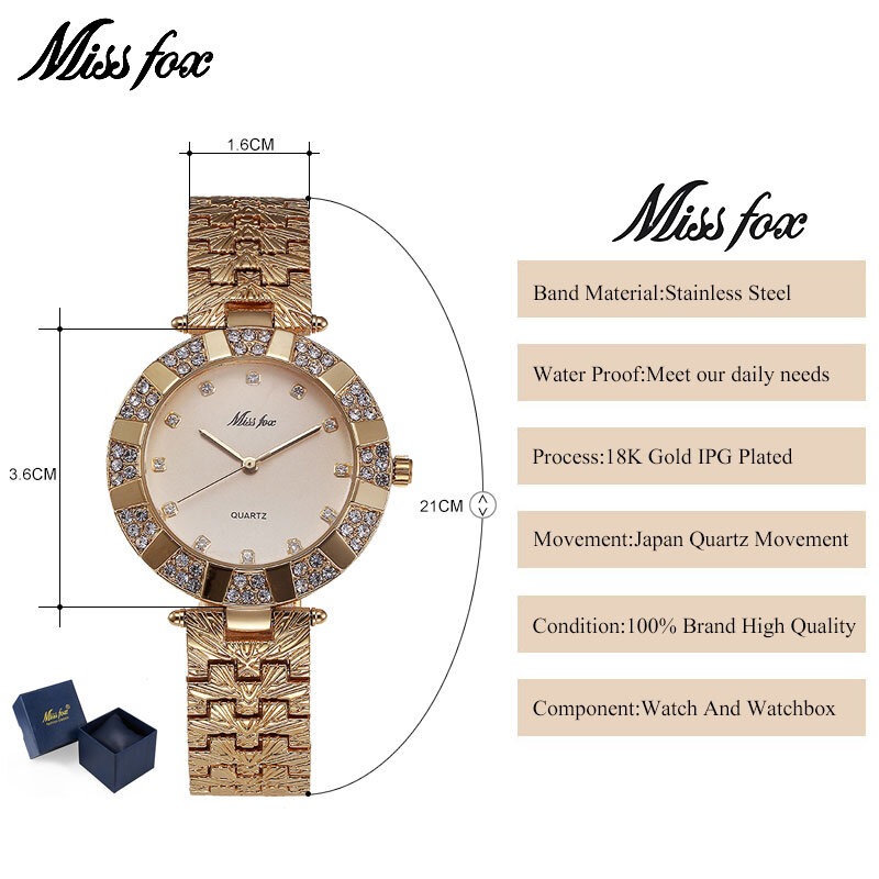 MISSFOX Fräulein Fuchs Marke Quarz Frauen Uhren Luxus Wasserdichte Armbanduhren Für Frauen Fashion Watch Frauen Gold Armband Uhr