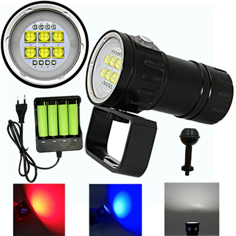 Linterna de buceo subacuática, 6x100, luz LED para fotografía y vídeo, 20000LM, lámpara táctica impermeable + 4x9090 + cargador