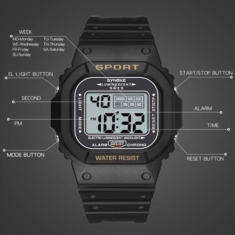 Часы наручные SYNOKE Мужские Цифровые, спортивные Водонепроницаемые светодиодные, в стиле милитари, с отображением недели, 3 бар