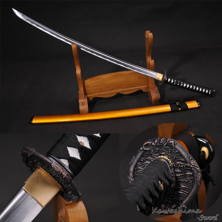 Aço carbono alto japonês espada real katana tang completo navalha afiada dragão guarda ouro de madeira bainha-41 Polegada
