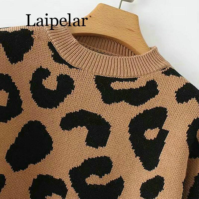 Laipelar Wanita Leopard Rajutan Sweater Musim Dingin Hewan Cetak Tebal Musim Dingin Lengan Panjang Wanita Pullovers Atasan Kasual