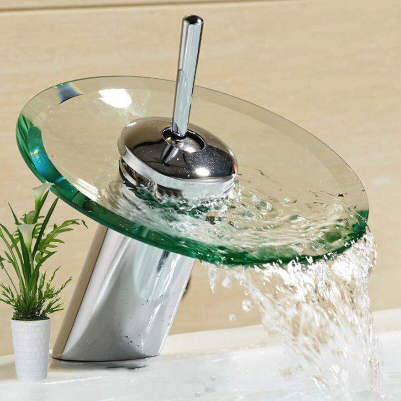 Robinet mitigeur de lavabo finition chromée, robinets de lavabo élégant de salle de bains, robinets d'évier bord en verre poli, robinet avec tuyau d'entrée d'eau
