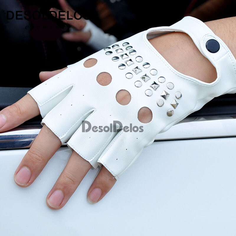 Gants de conduite demi-doigt en cuir PU pour femmes, noirs et blancs, à la mode, sans doigts, R003