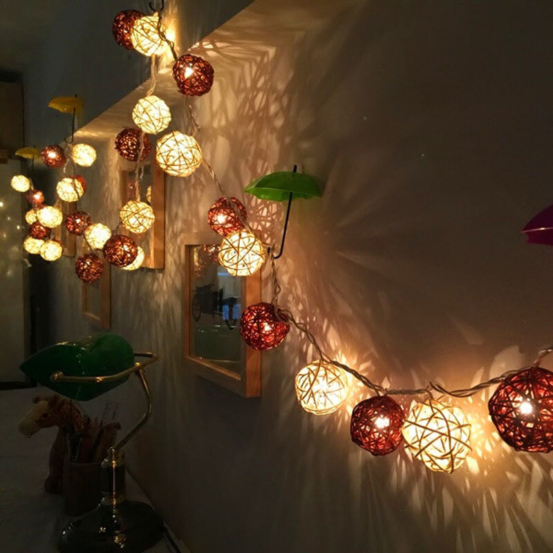 Bolas de mimbre de 2m, 20 Luces Led de hadas para vacaciones de Navidad, iluminación exterior, Luces Decorativas