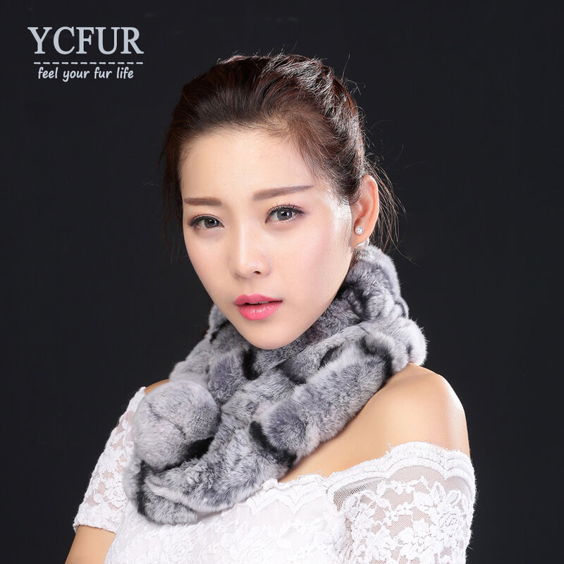 YCFUR-bufandas de piel de conejo con pompón para mujer, bufandas de invierno cálidas, hechas a mano, para el cuello