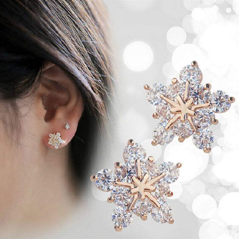 2019 New Fashion Rhinestone Crystal Rose Gold Stars Stud Earring Cute Winter Snowflake Earrings Fine Jewelry For Women