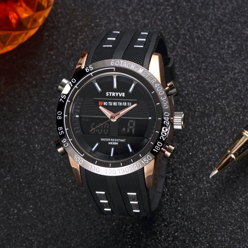 ยี่ห้อ STRYVE นาฬิกาผู้ชายหรูหรานาฬิกาควอตซ์ดิจิตอล LED Watch กองทัพทหารกีฬานาฬิกาข้อมือ Relogio Masculino