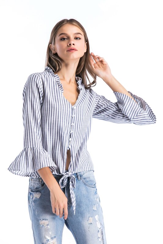 Женская блузка с длинным рукавом, в полоску, с V-образным вырезом, с расклешенным рукавом, 2021, 3331, 50