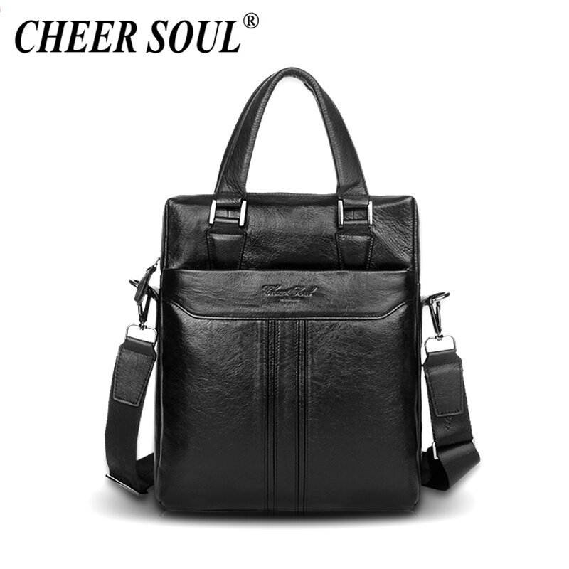 CHEER SOUL Genuine Leather Briefcase Business Handbag Men Office Laptop Bag Messenger Bags For Men Tote Purse Male Shoulder Bags