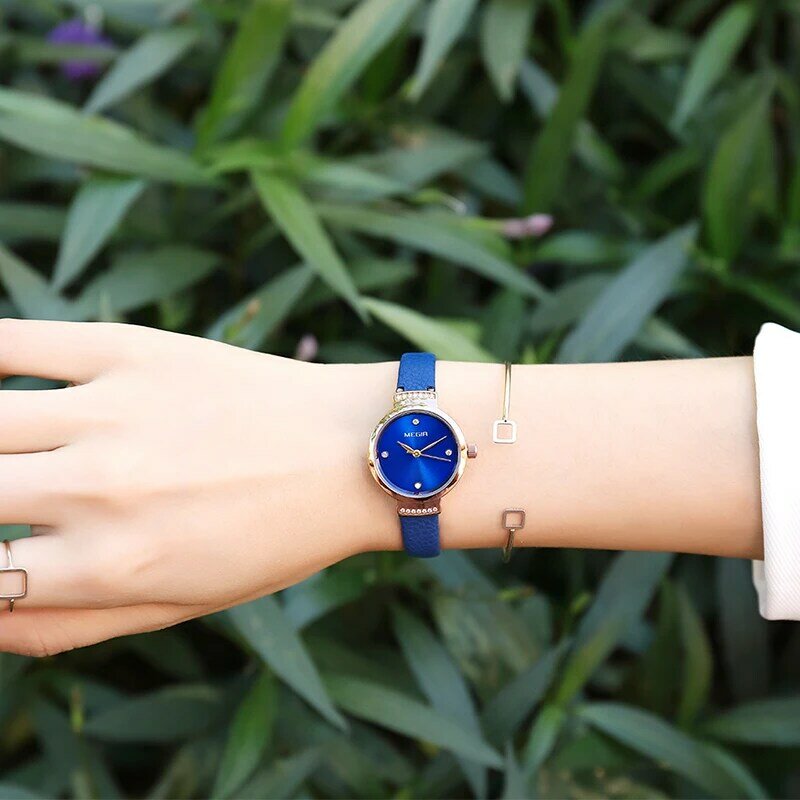 Megir relógio com pulseira de couro feminino, de quartzo azul, fashion, casual, à prova d'água de alta qualidade, presente para esposa 2019